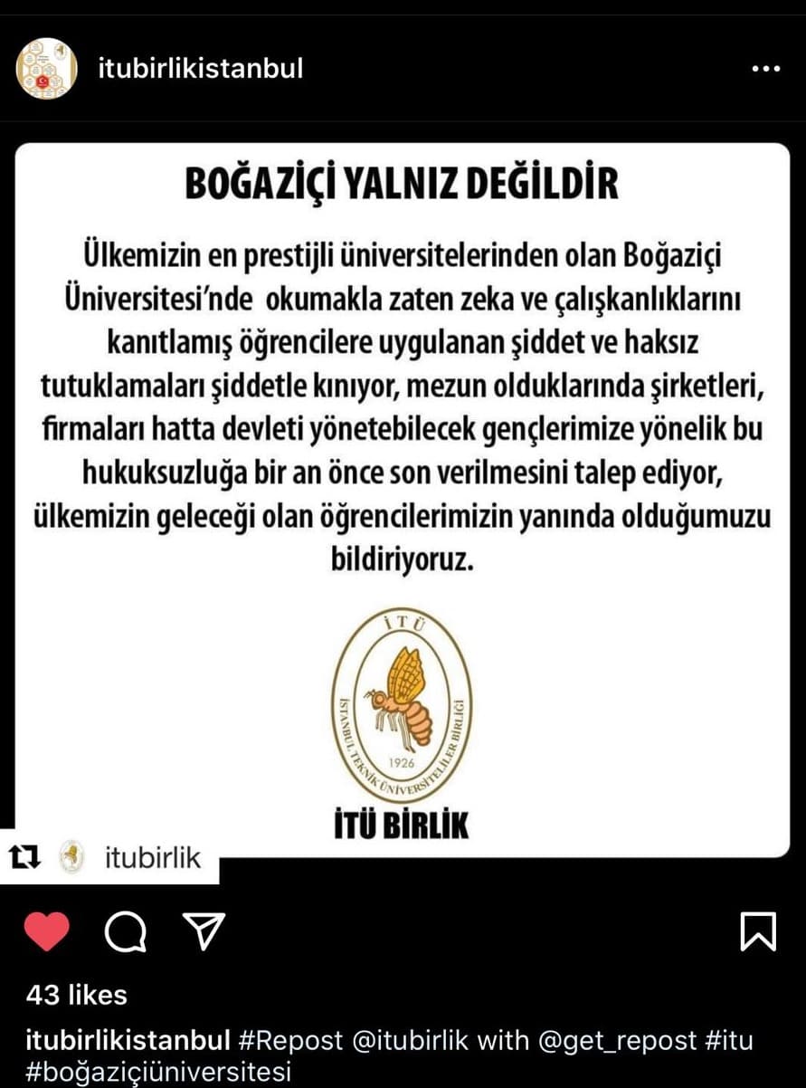 İTÜ Birlik'ten Boğaziçi Protestoları'na destek