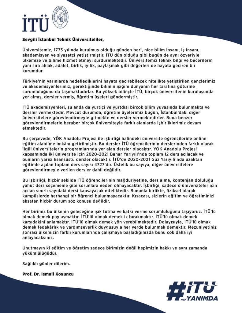 İTÜ Rektörü Prof. Dr. İsmail Koyuncu'dan YÖK Anadolu Projesi tepkilerine cevap geldi