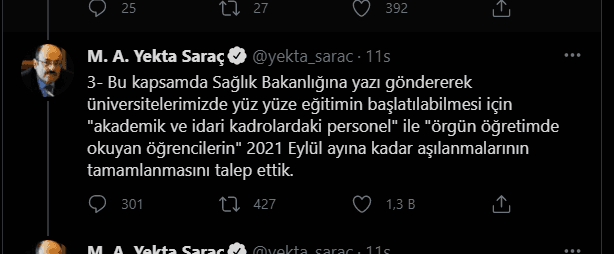 YÖK'ten Sağlık Bakanlığı'na aşılanma talebi